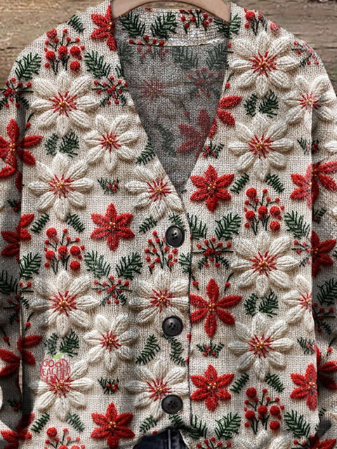 Poinsettia Christmas Flower Christmas Ugly Sweater Christmas V-neck Cardigan Sweater