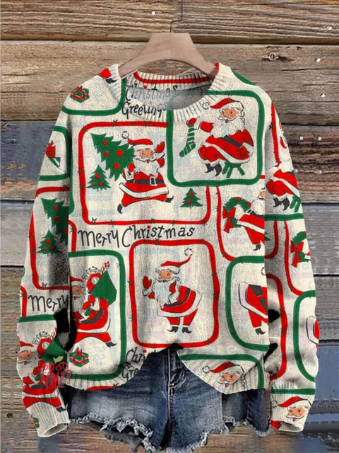 Merry Christmas Cute Santa Claus Art Pattern Print Casual Knit Pullover Sweater