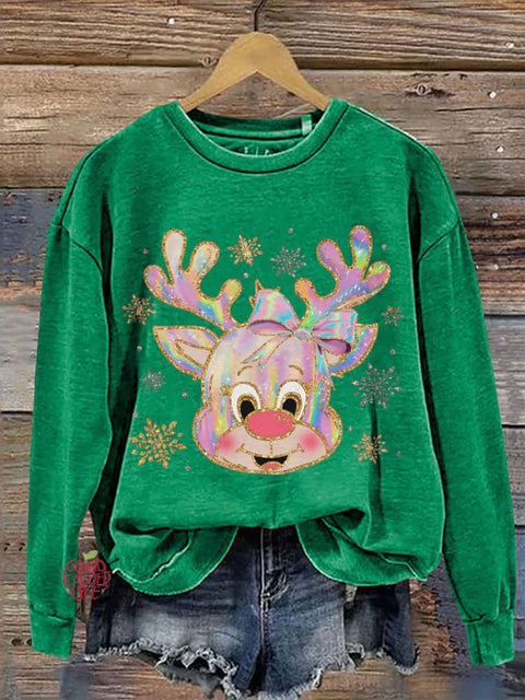 Iridescent Reindeer Christmas Casual Print Sweatshirt