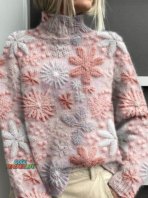 Women's Lovely Christmas Snowflake Art Print Knit Turtleneck Pullover Sweater