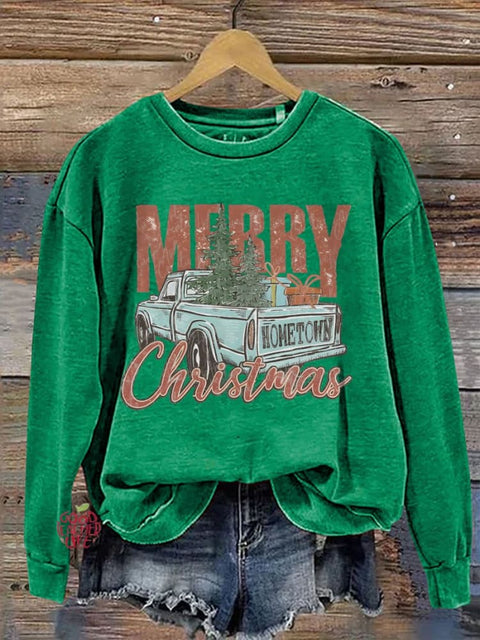 Merry Christmas Car Christmas Tree Print Casual Sweatshirt