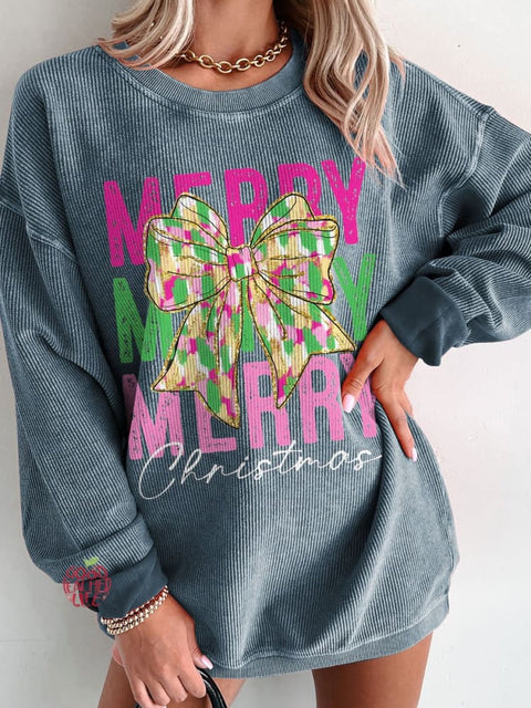 Women's Pink Glitter Christmas Coquette Casual Print Corduroy Sweatshirt