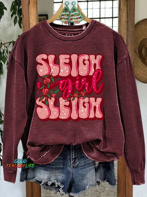 Christmas Pink Sleigh Printed Casual Sweatshirt