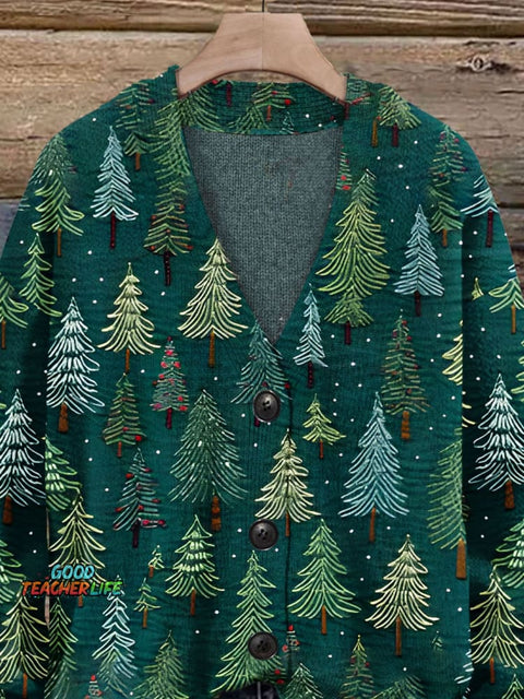Christmas Gift Christmas Tree Print Buttoned V-neck Cardigan Sweater