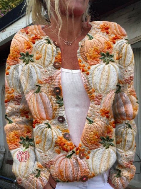 Women's Lovely Thanksgiving Pumpkin Art Print Buttoned Cardigan Sweater