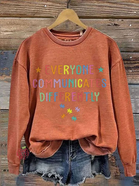 Everyone Communicates Differently Colored Puzzle Special Education Teacher Casual Print Sweatshirt