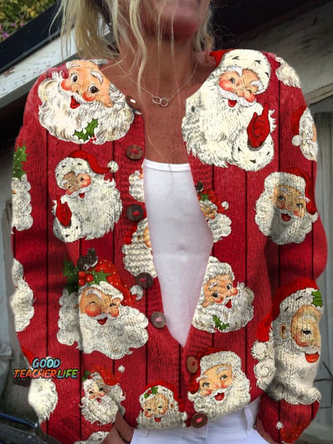 Christmas Santa Claus Print Buttoned Cardigan Sweater