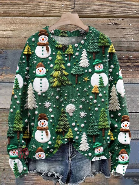 Christmas Tree Snowman Art Print Knit Pullover Sweater