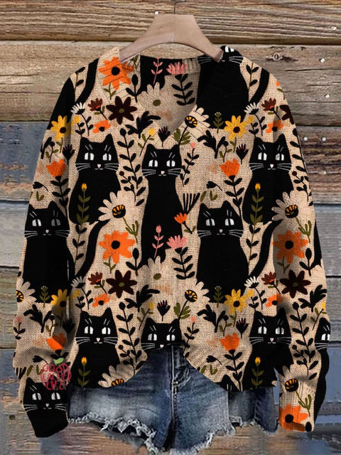 Black Cat Floral Art Holiday Print Knit V-neck Pullover Sweater