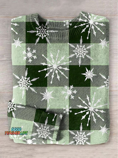 Christmas green check snowflake Print Knit Pullover Sweater