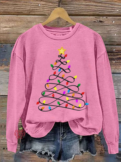 Christmas Light Tree Print Casual  Sweatshirt