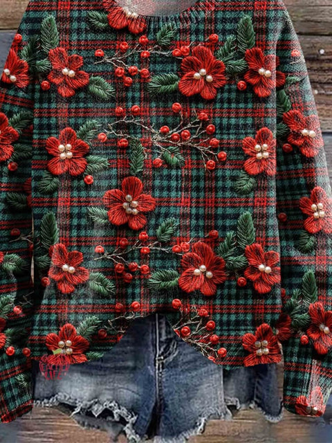 Christmas Poinsettia Print Knit Pullover Sweater