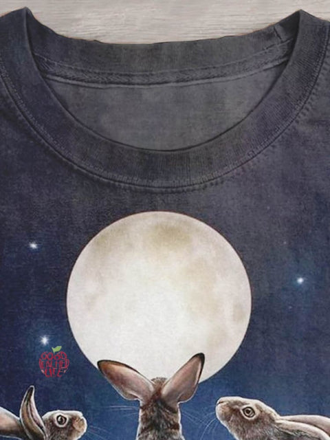 Easter Rabbit Moon Pattern Art Design Print T-shirt