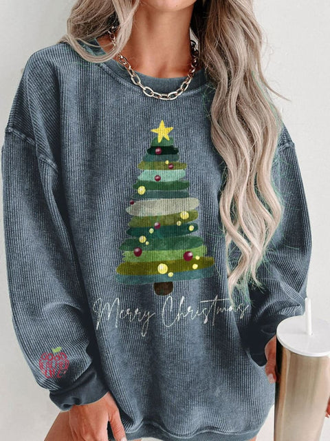 Women's Merry Christmas Brush Stroke Tree Casual Print Sweatshirt