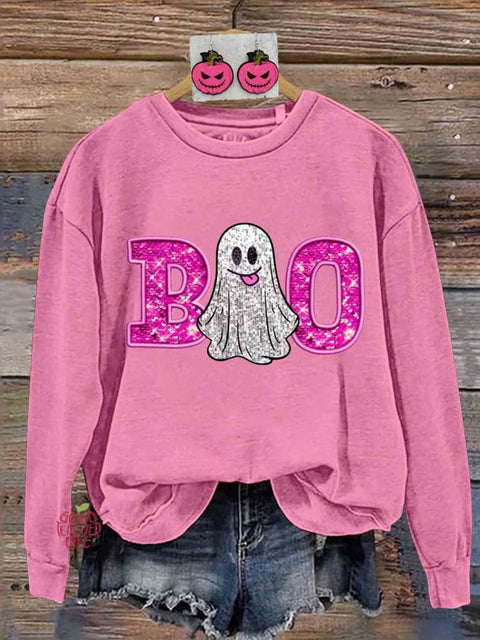 Retro Glitter Halloween Boo Print Sweatshirt