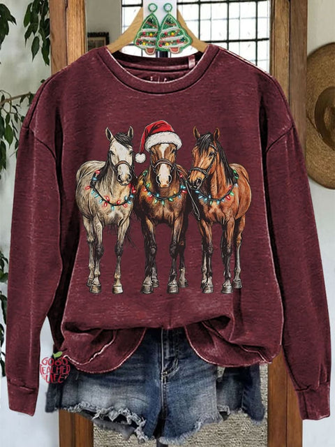 Christmas Horses Casual Print Sweatshirt