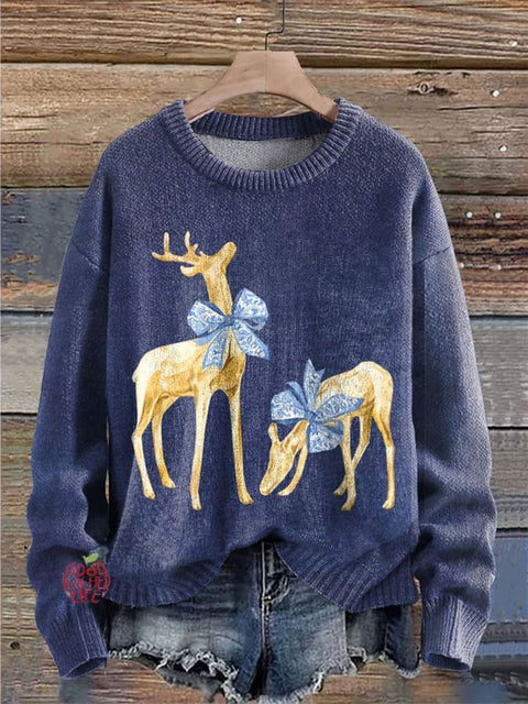 Christmas Elk Print Knit Pullover Sweater