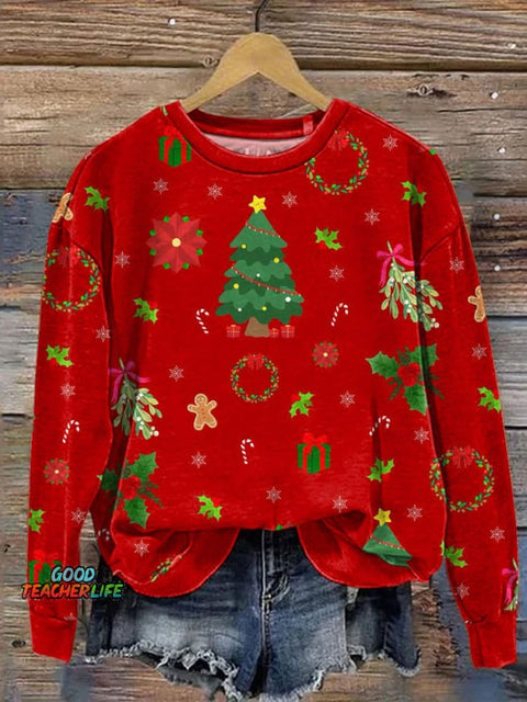 Christmas Tree And Mistletoe Pattern Printed Casual Sweatshirt