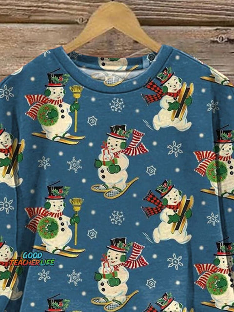Retro Snowman Repeat Pattern Printed Casual Sweatshirt