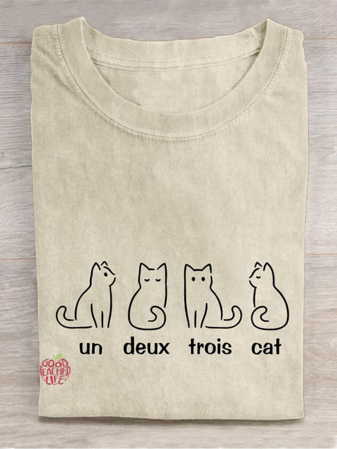 Un Deux Trois Cat French Teacher Casual Print T-shirt