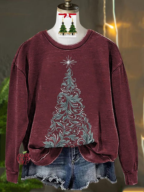 Tengman Christmas Tree Imitation Embroidery Printed Casual Sweatshirt