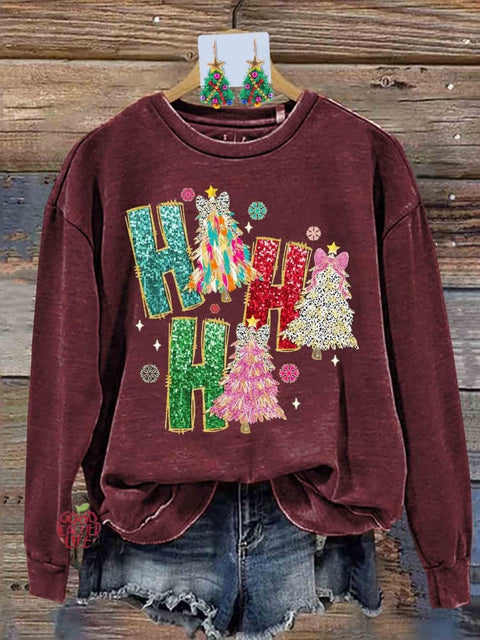 Retro Colorful Coquette Glitter Ho Ho Ho Christmas Tree Print Sweatshirt