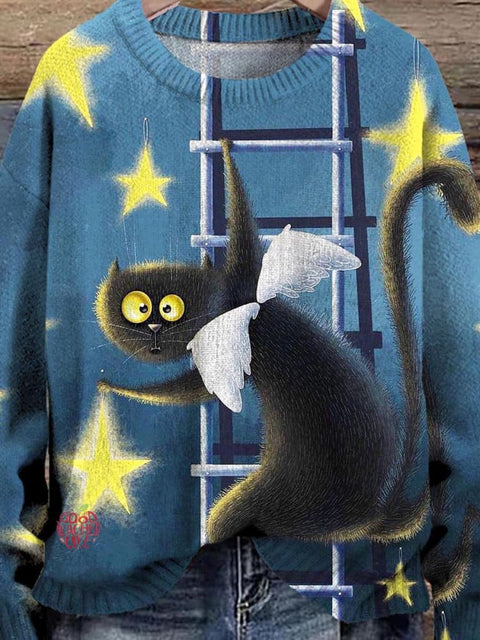 Cute Cat Starry Night Art Pattern Print Casual Knit Pullover Sweater