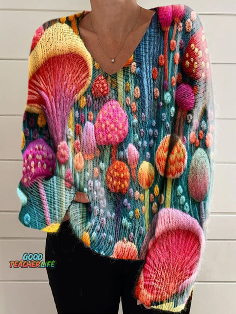 Women's Colorful Mushroom Print Casual V-neck Pullover Knit