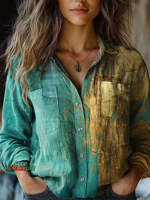 Women's Retro Gold Turquoise Print Casual Long Sleeve Comfortable Cotton Shirt