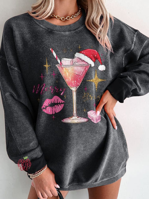 Christmas Drink Merry and Bright Glitter Christmas Women's  Casual Print Corduroy Sweatshirt