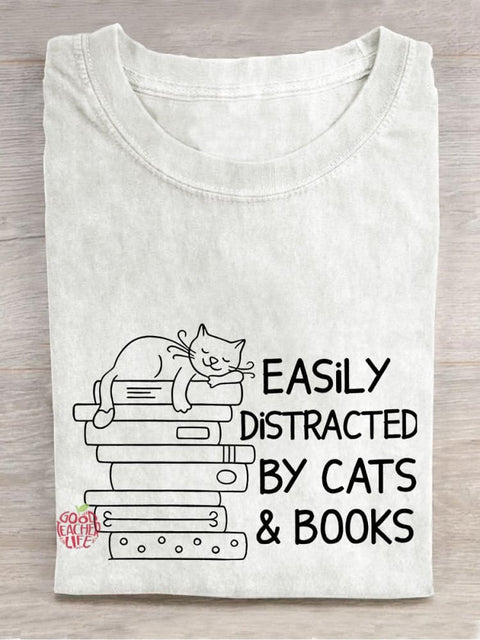 Easily Distracted By Cats And Books Teacher Casual Print T-shirt