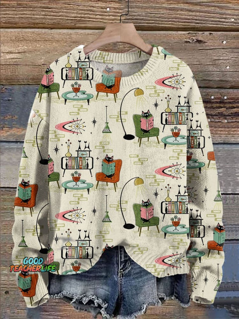 Retro Cozy Cats Print Knit Pullover Sweater