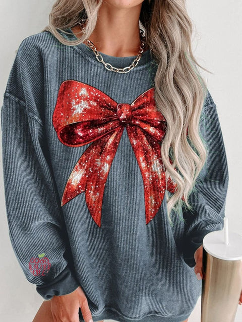 Christmas Red Glitter Bow Print Women's Casual Sweatshirt