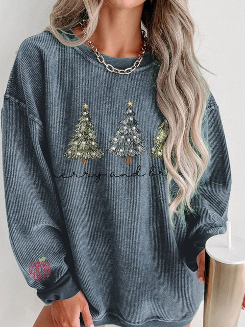 Women's Casual Christmas Tree Print Corduroy Sweatshirt