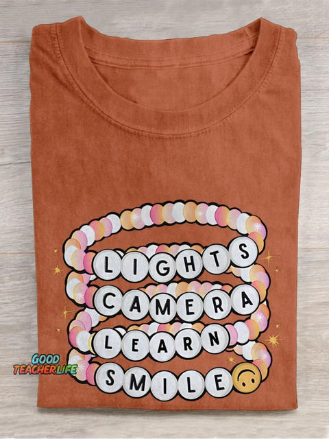 Lights Camera Teach Smile Teacher Groovy Casual Print T-shirt