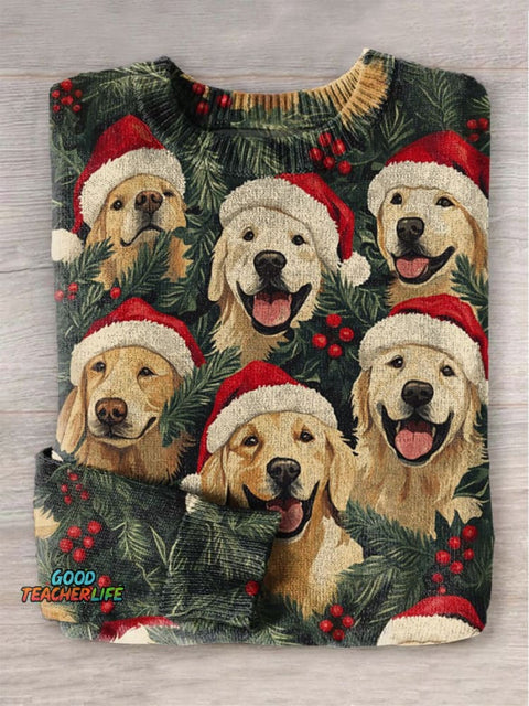 Christmas Santa hat Holly dog Print Knit Pullover Sweater