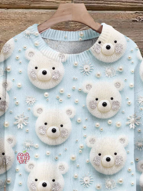 Christmas Gift Bear Art Print Knit Pullover Sweater