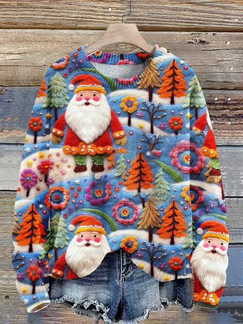 Christmas Santa Seamless Pattern Print  Knit Pullover Sweater