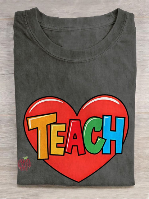 Teacher Heart Love Casual Print T-shirt