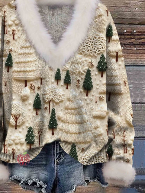 Christmas Tree Print Knit Pullover Fur Collar Sweater