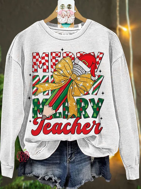 Christmas Pencil Tree Teacher Coquette Bow Casual Sweatshirt