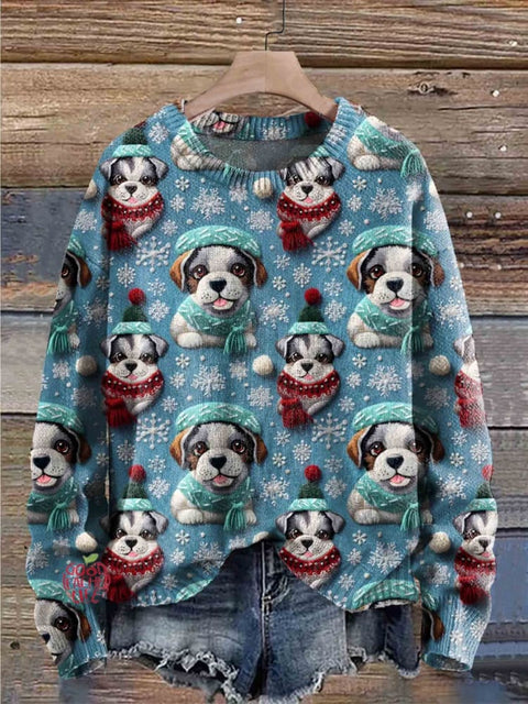 Christmas Christmas Dog Seamless Pattern Round Neck Stylish Retro Casual Printed Sweater