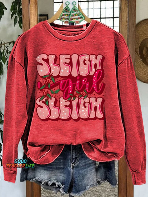 Christmas Pink Sleigh Printed Casual Sweatshirt