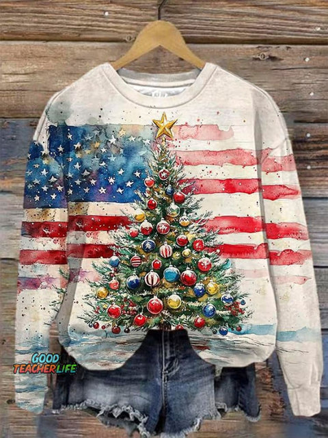 Lovely Christmas Tree American Flag Art Print Casual Sweatshirt