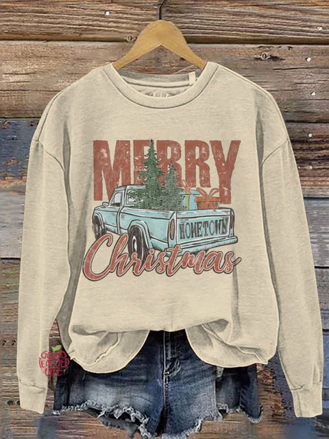 Merry Christmas Car Christmas Tree Print Casual Sweatshirt