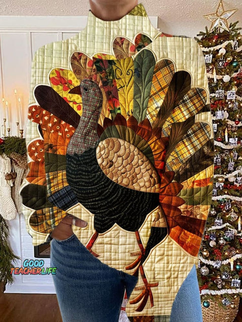 Turkey Art Print Knit Turtleneck Pullover Sweater
