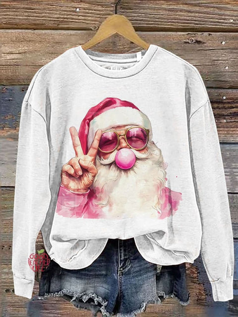 Retro Santa Christmas Blowing Bubble Casual Print Sweatshirt