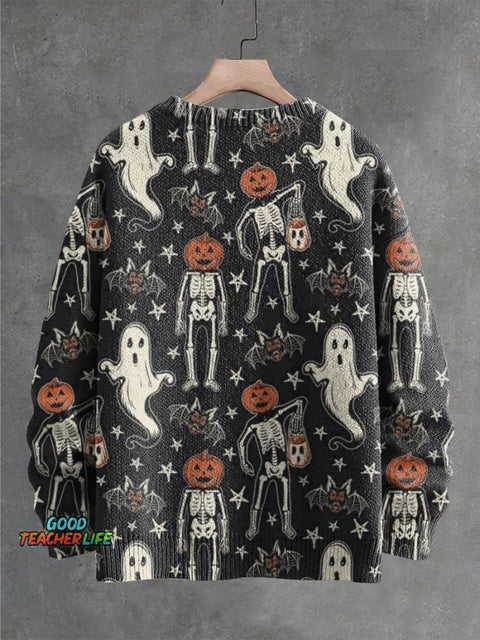 Bats, Pumpkin Head Skull and Ghost Decorative Pattern Knit Pullover Sweater