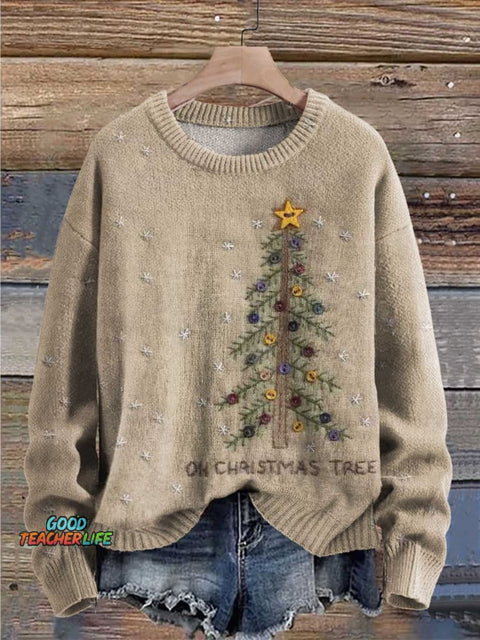 Retro Christmas Tree Print Knit Pullover Sweater