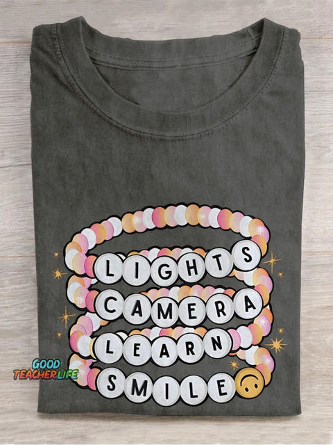 Lights Camera Teach Smile Teacher Groovy Casual Print T-shirt
